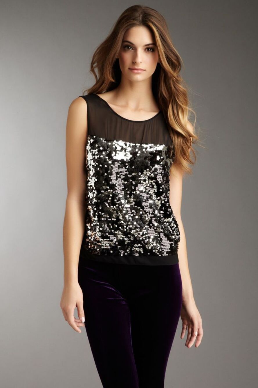 BCBGMaxAzria Silk Chiffon Sequin Drape Open Back Top